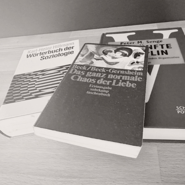 Drei soziologische Fachbücher auf einem Holztisch – Symbol für Analysekompetenz, wissenschaftliche Tiefe und systemisches Denken im Coaching